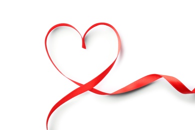 Photo of Heart made of red ribbon on white background, top view. Festive decoration