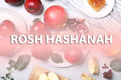 Image of Honey, apples and pomegranates on light table, flat lay. Rosh Hashanah holiday