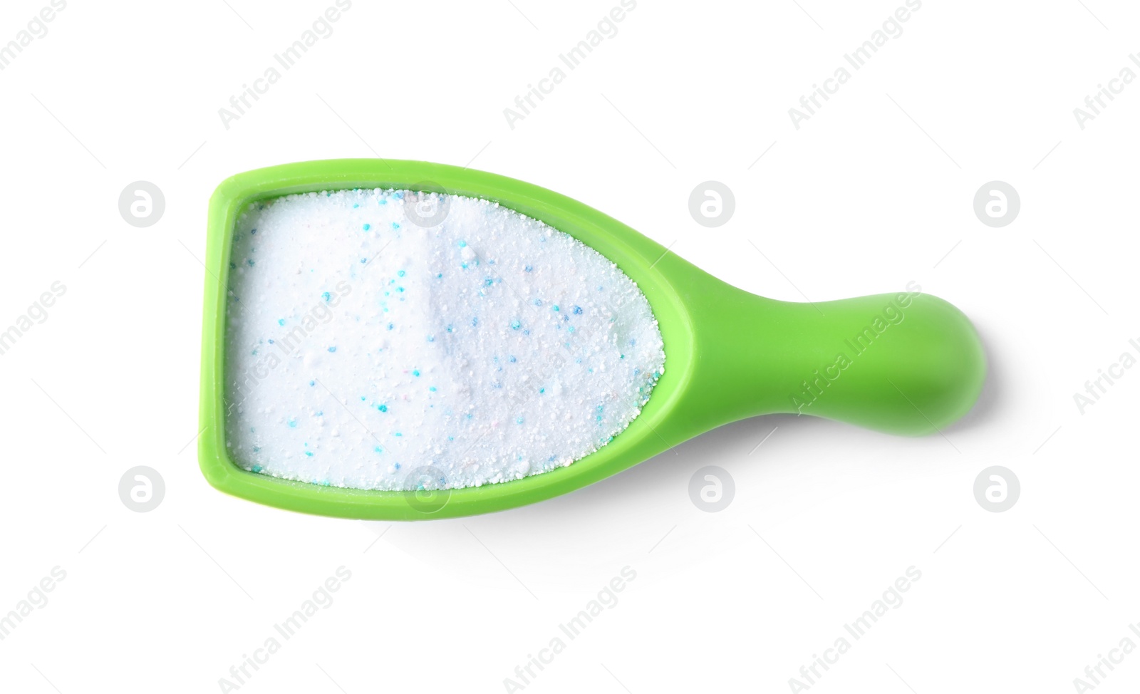 Photo of Measuring scoop with laundry powder isolated on white, top view