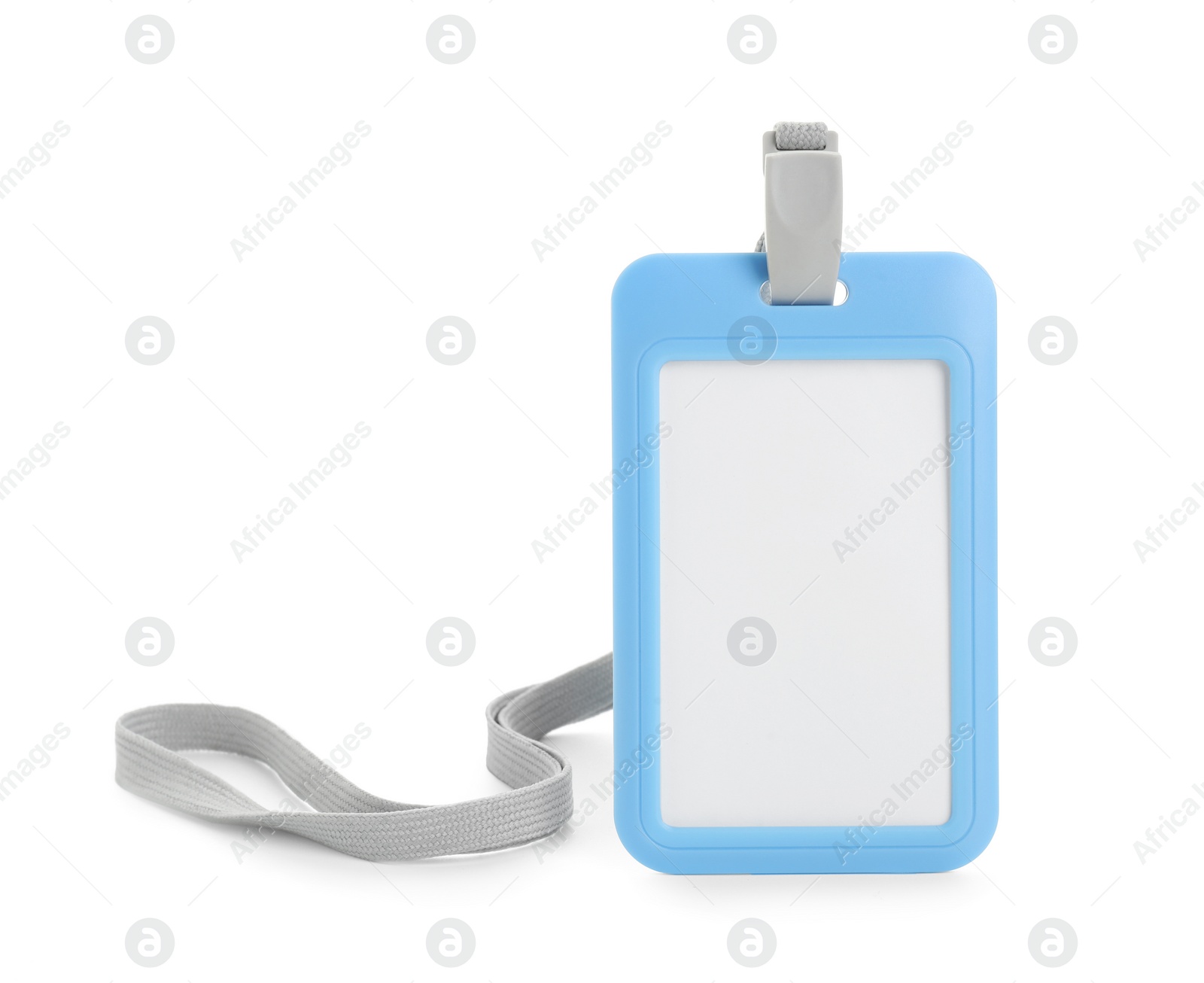 Photo of Blank light blue badge with string isolated on white