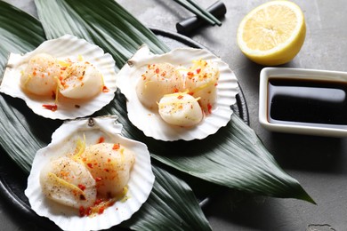 Photo of Raw scallops with spices, lemon zest, shells and soy sauce on grey textured table, closeup