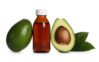 Photo of Bottle of essential oil, avocados and leaves on white background