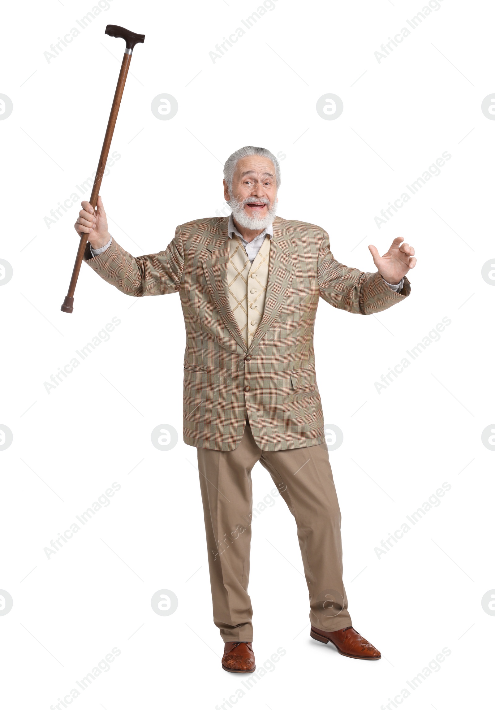 Photo of Cheerful senior man with walking cane on white background