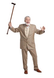 Photo of Cheerful senior man with walking cane on white background