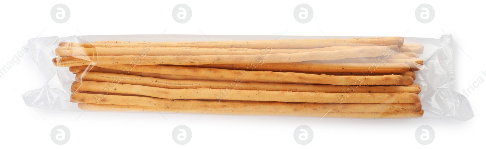 Photo of Delicious grissini sticks on white background, top view