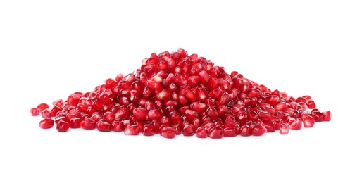Pile of tasty pomegranate seeds on white background