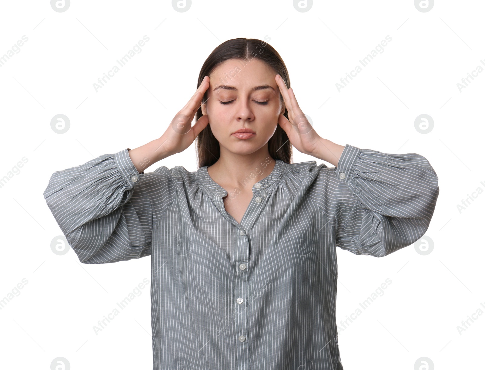 Photo of Portrait of young woman on white background. Personality concept