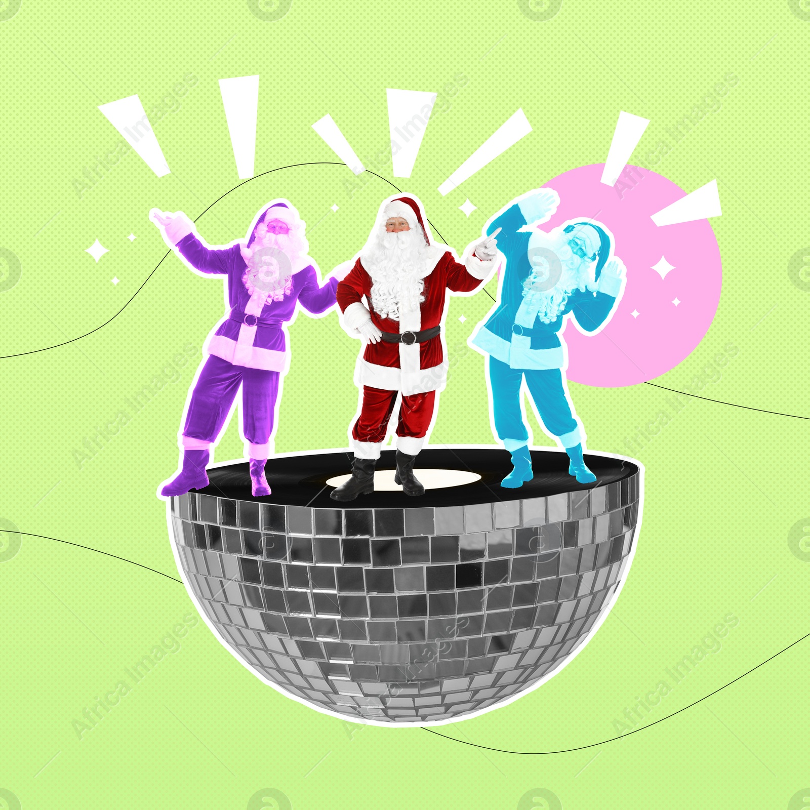 Image of Winter holidays bright artwork. Santa Clauses dancing on halved disco ball against color background, creative collage