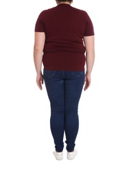 Photo of Overweight woman on white background, closeup. Weight loss