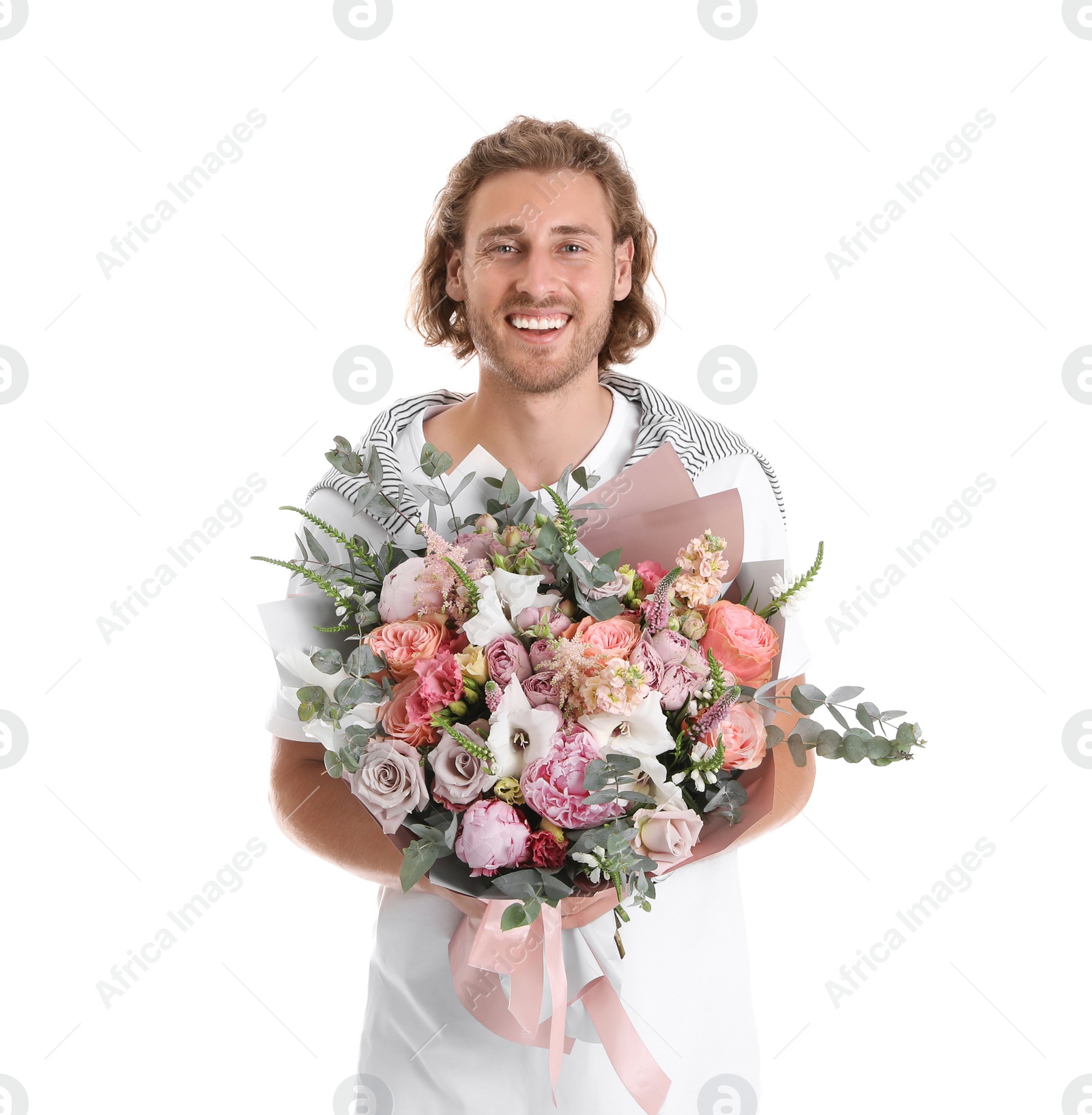 Photo of Young handsome man with beautiful flower bouquet on white background