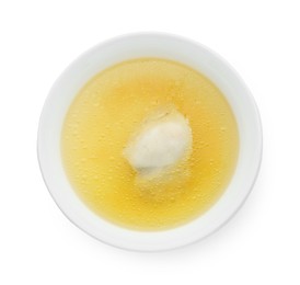 Photo of Delicious chicken bouillon in bowl on white background