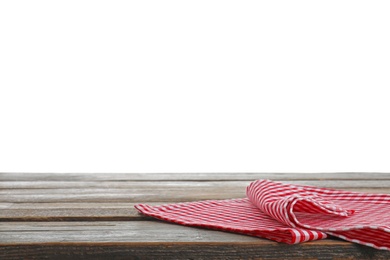 Red checkered napkins on wooden table against white background. Mockup for design