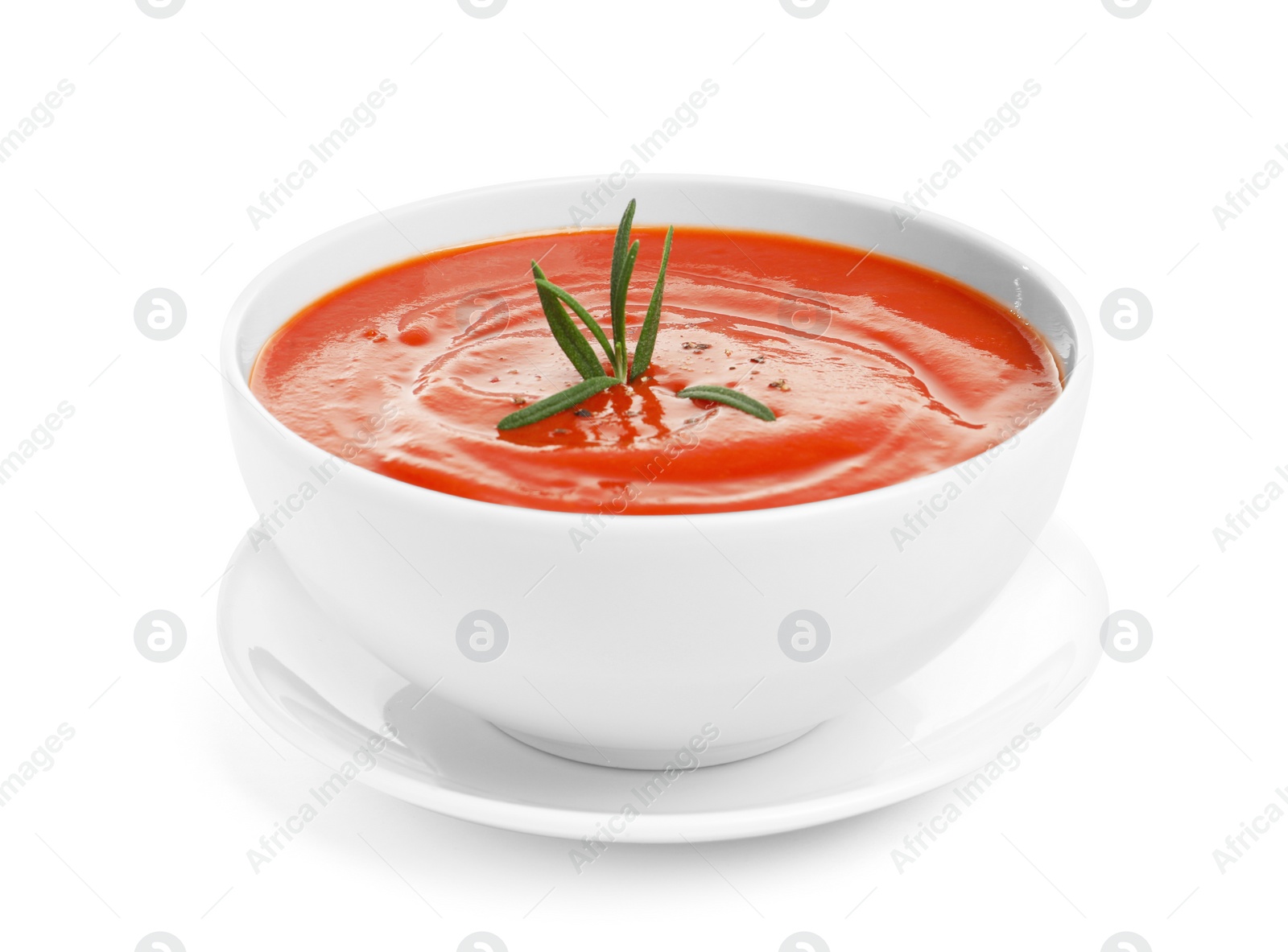 Photo of Bowl with fresh homemade tomato soup on white background