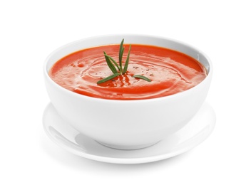 Photo of Bowl with fresh homemade tomato soup on white background