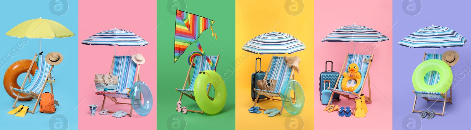 Image of Deck chair and beach accessories, set with different color backgrounds