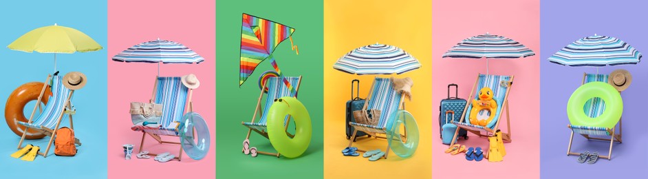 Image of Deck chair and beach accessories, set with different color backgrounds