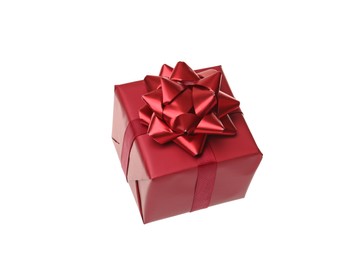 Red gift box with bow isolated on white