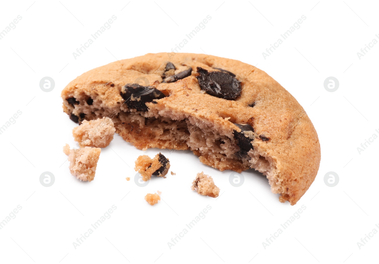 Photo of Piece of delicious chocolate chip cookie isolated on white