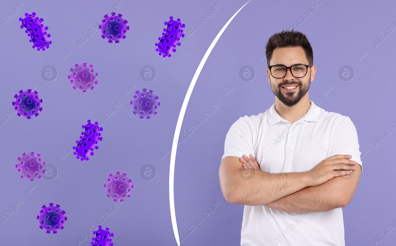 Image of Man with strong immunity surrounded by viruses on violet background