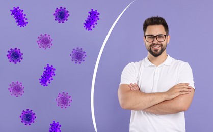 Man with strong immunity surrounded by viruses on violet background