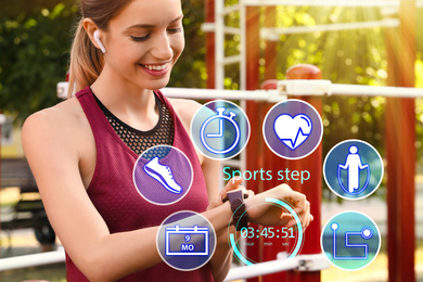 Image of Woman using smart watch during training outdoors. Icons near hand with device