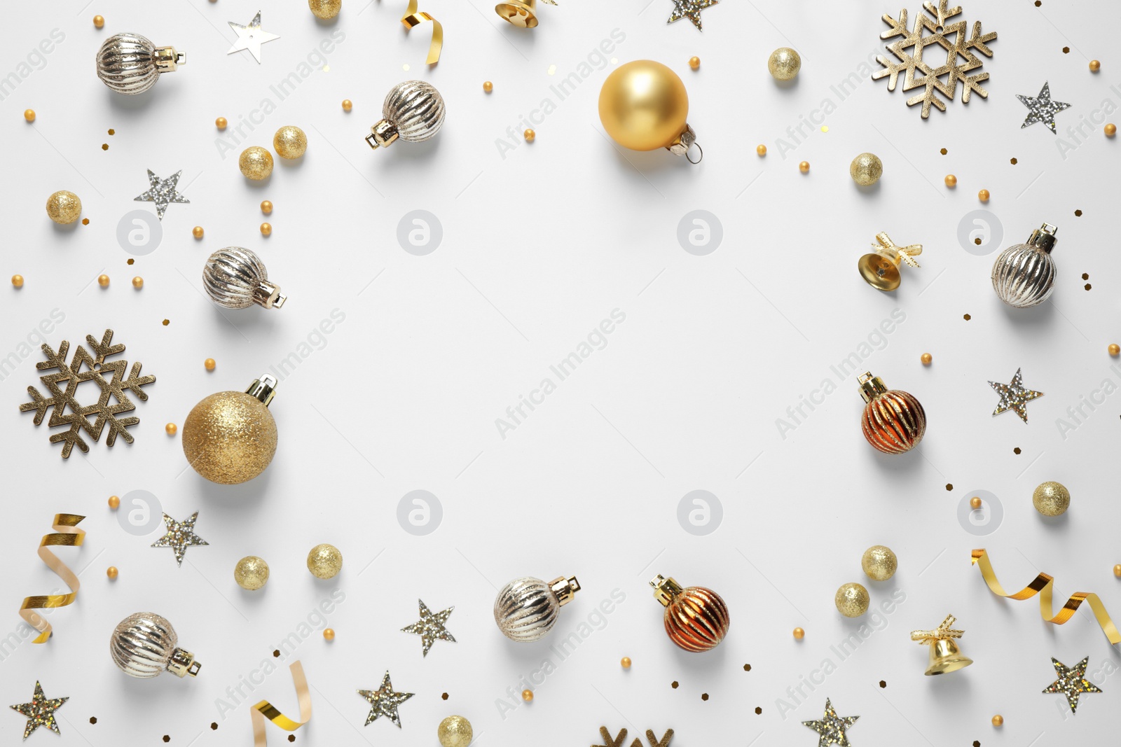 Photo of Flat lay composition with Christmas decorations on white background, space for text