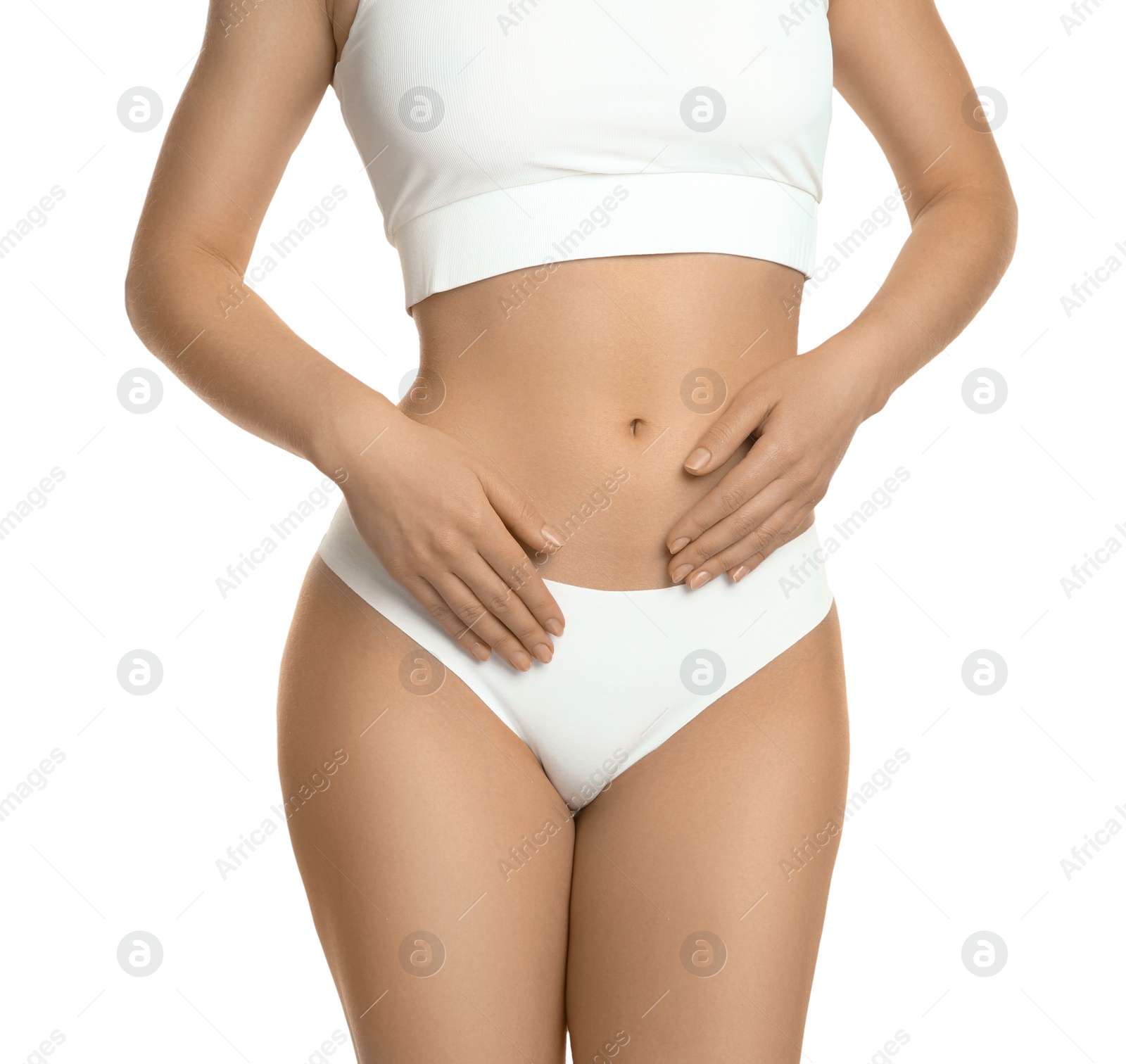 Photo of Gynecology. Woman in underwear on white background, closeup