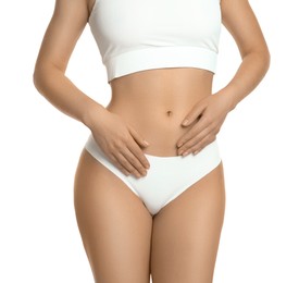 Gynecology. Woman in underwear on white background, closeup