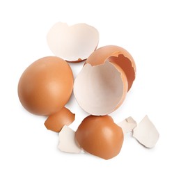 Photo of Chicken egg and pieces of shell isolated on white, top view