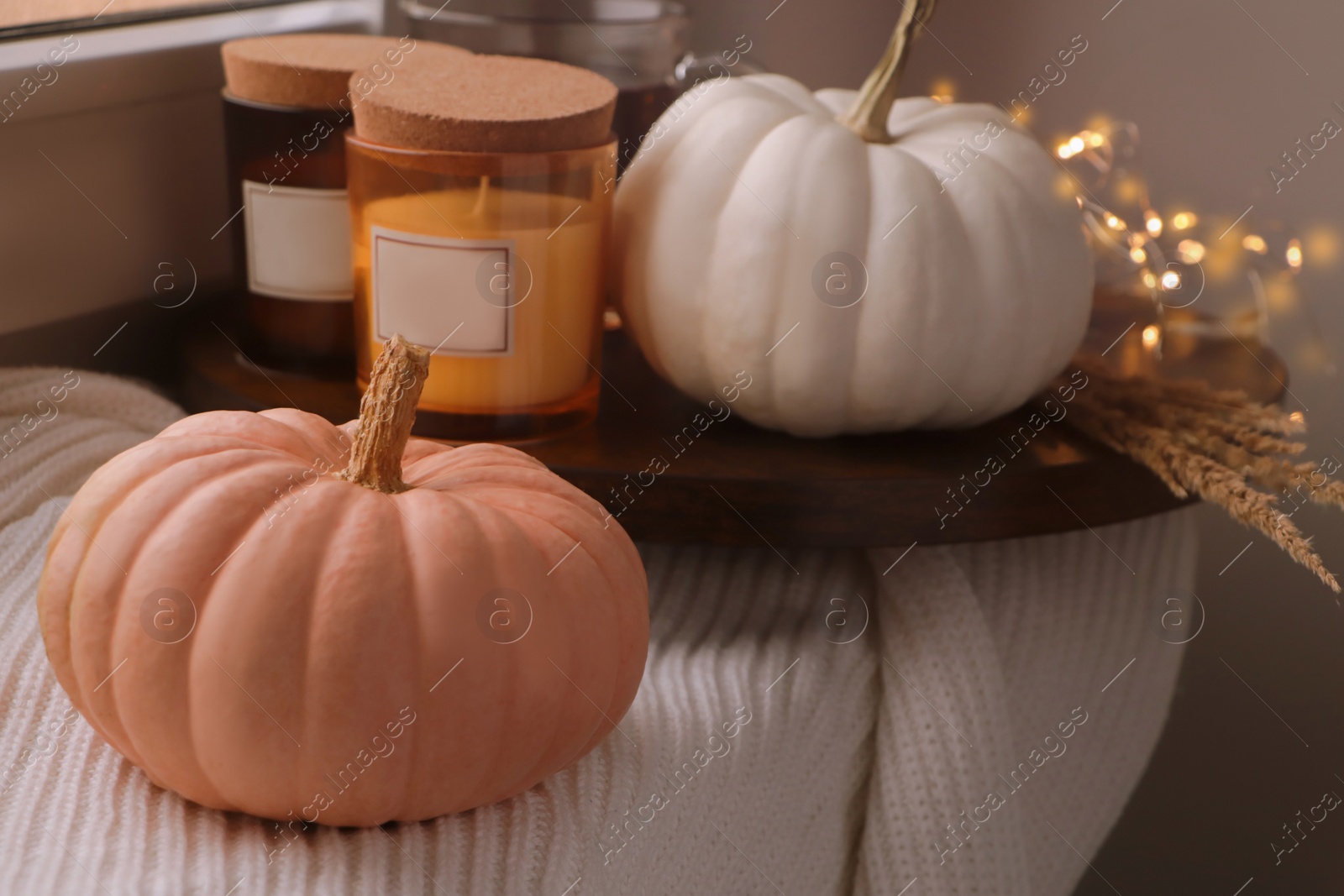 Photo of Beautiful pumpkins and scented candles on window sill indoors