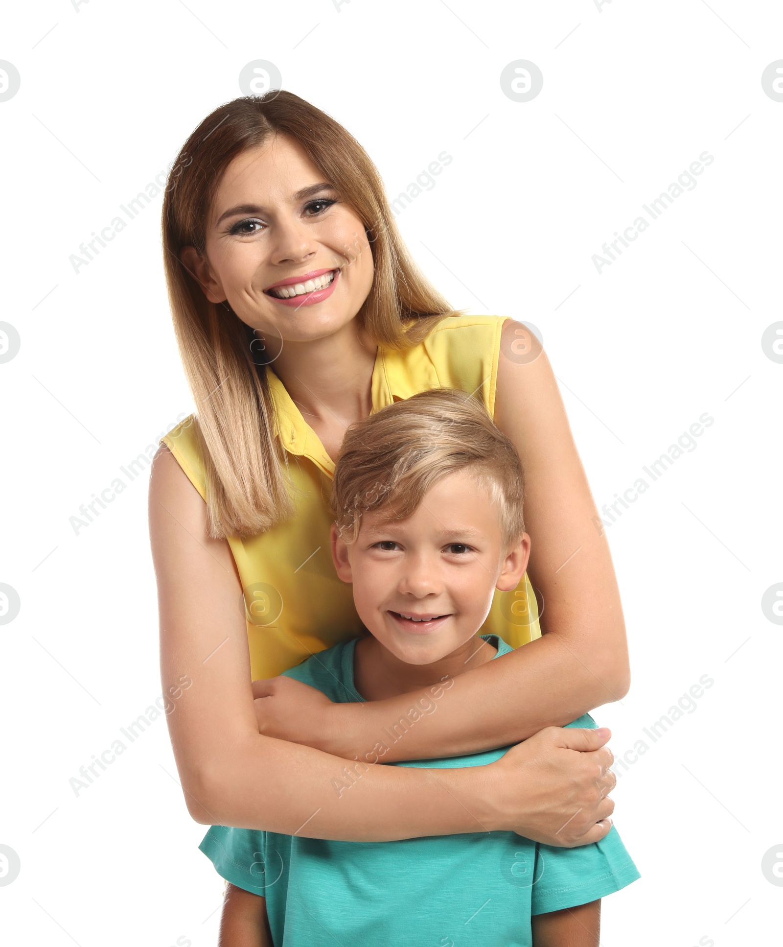 Photo of Portrait of mother and son on white background