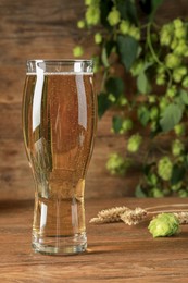 Photo of Glass of beer, fresh green hop and spikes on wooden table
