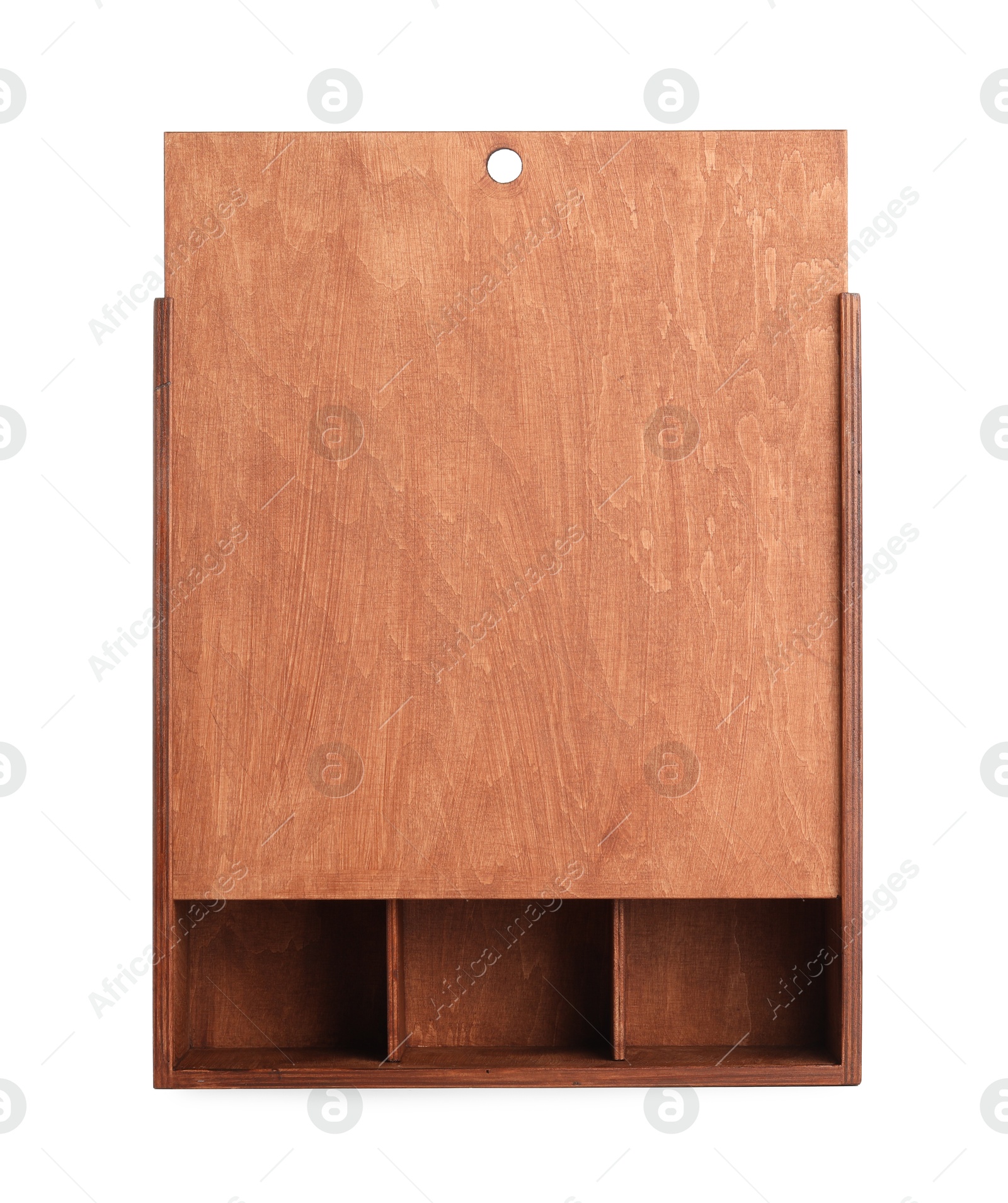 Photo of Open wooden wine box isolated on white