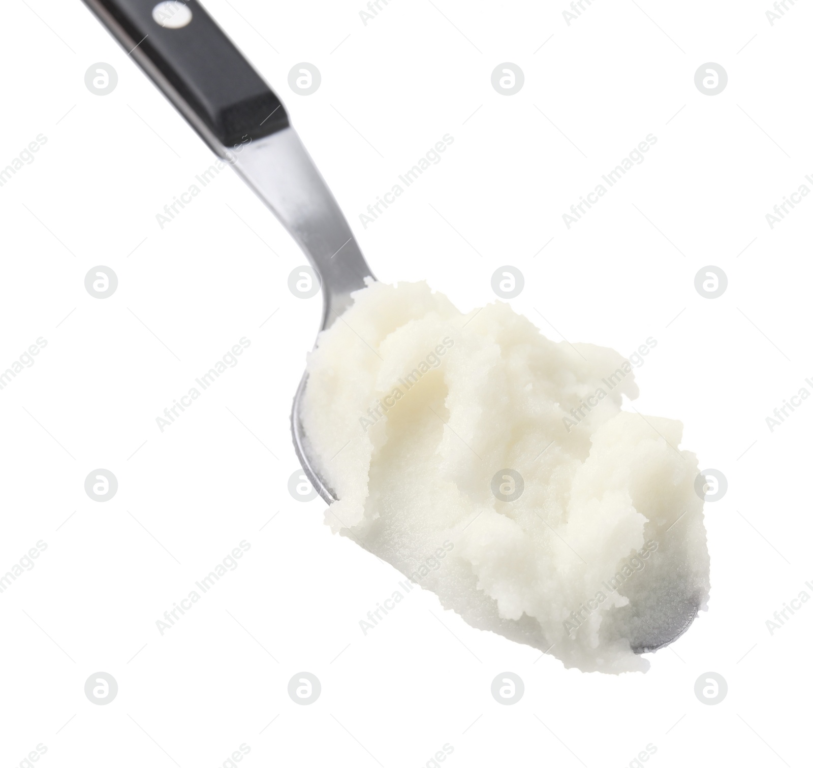 Photo of Spoon with delicious pork lard isolated on white