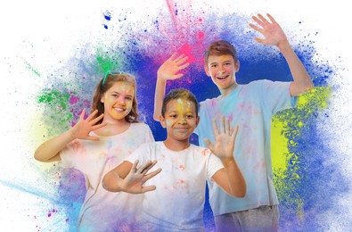 Holi festival celebration. Happy friends covered with colorful powder dyes on white background
