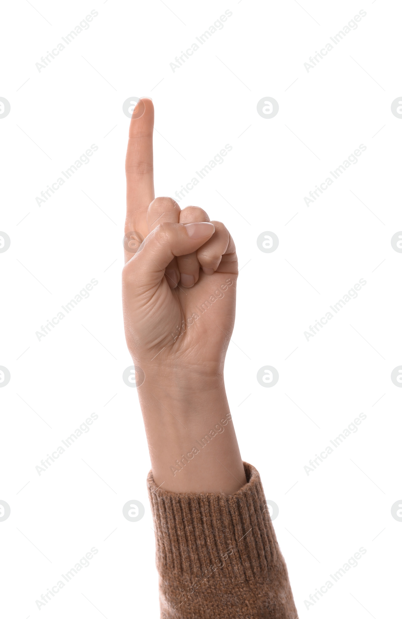 Photo of Woman pointing with index finger on white background, closeup