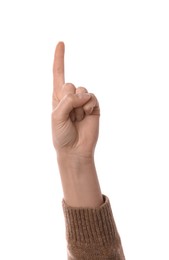Photo of Woman pointing with index finger on white background, closeup