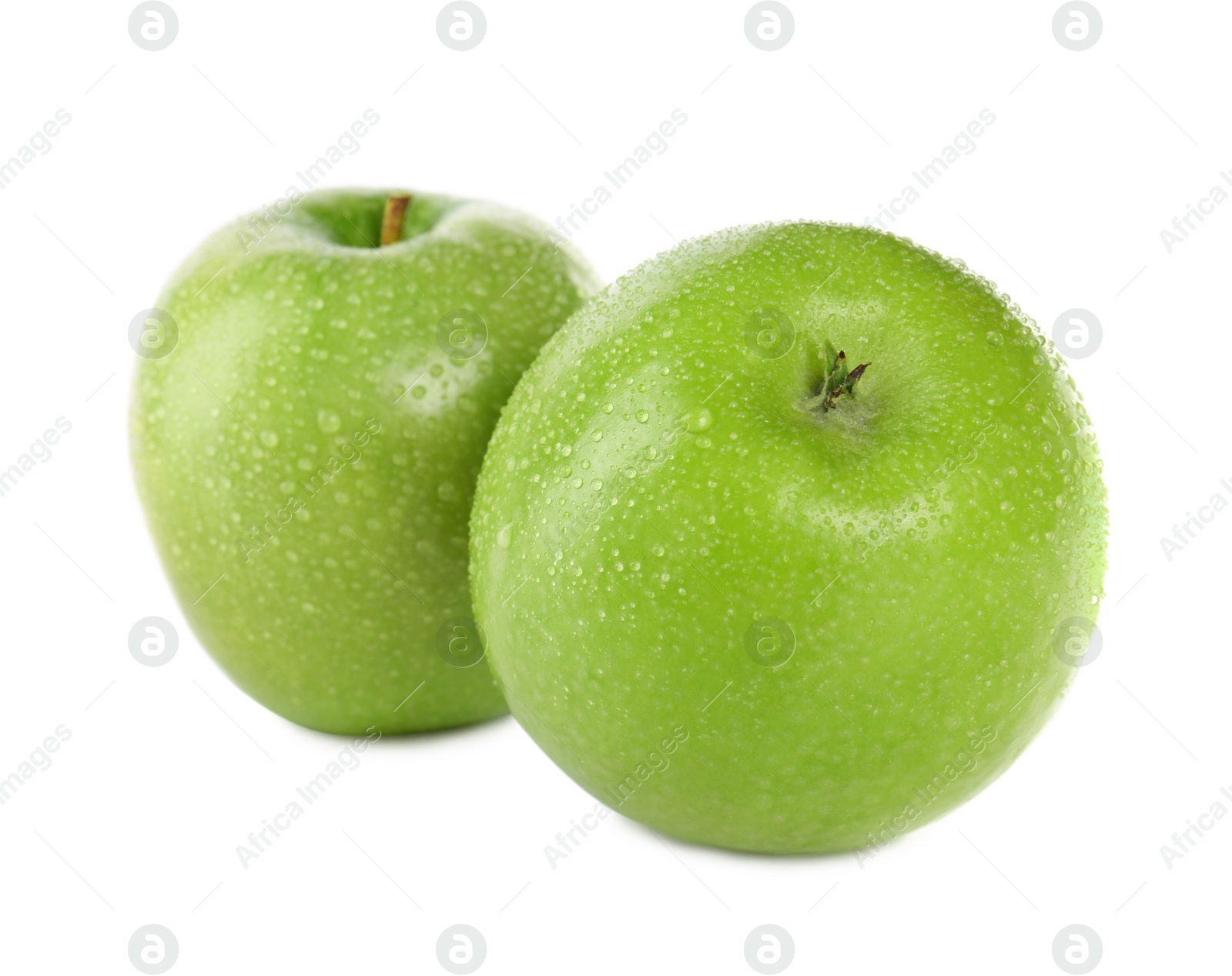 Photo of Fresh juicy green apples with water drops isolated on white