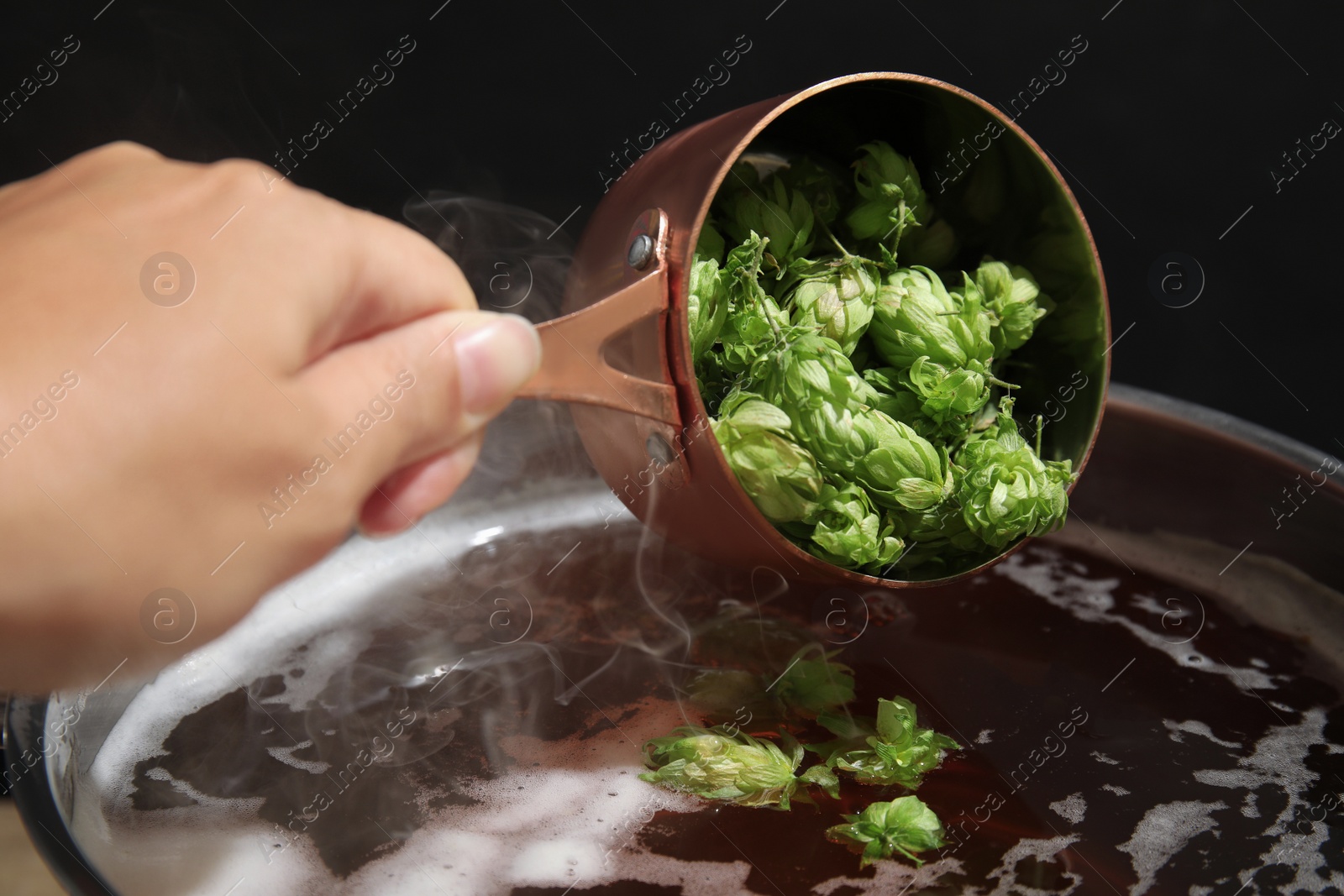 Photo of Woman adding fresh green hops to beer wort in pot, closeup