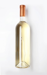 Bottle of delicious wine on white background