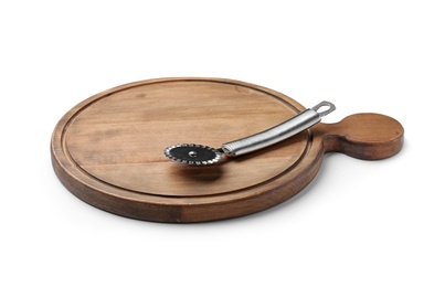 Photo of Stainless steel dough knife on board against white background