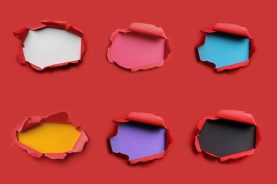 Image of Red paper with different holes on color background