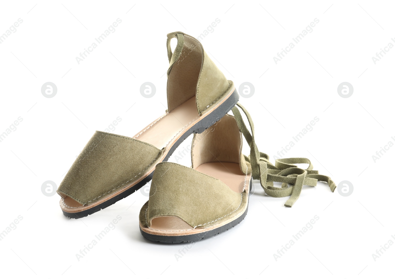 Photo of Pair of trendy women's shoes on white background