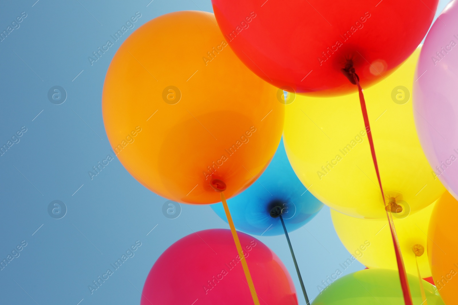 Photo of Bright colorful balloons against blue sky, closeup