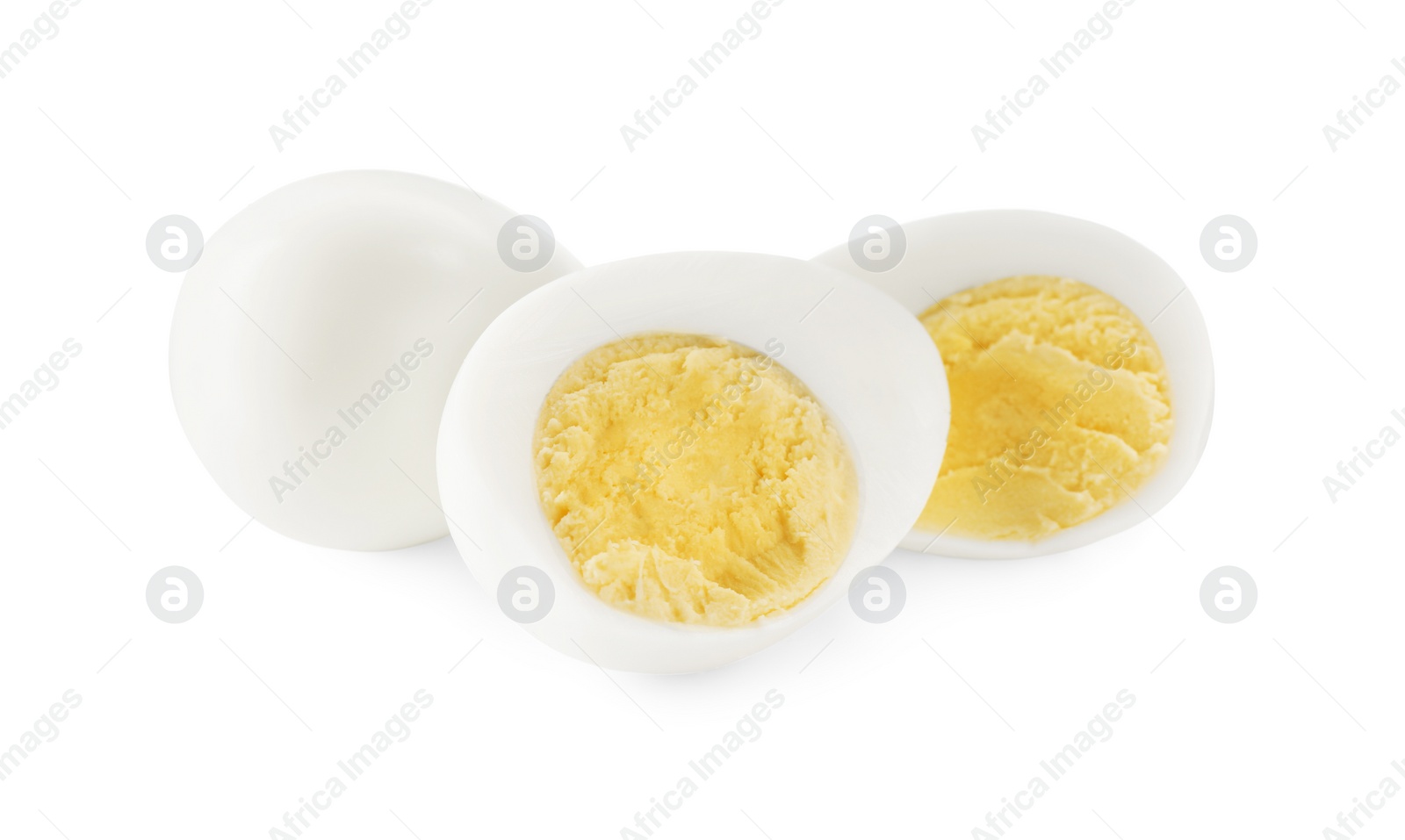 Photo of Peeled hard boiled quail eggs on white background