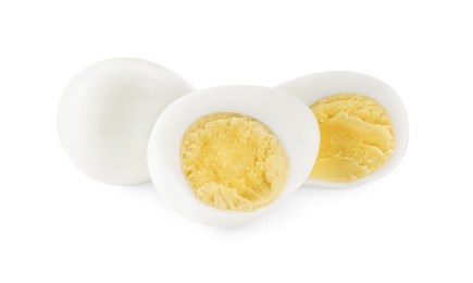 Photo of Peeled hard boiled quail eggs on white background