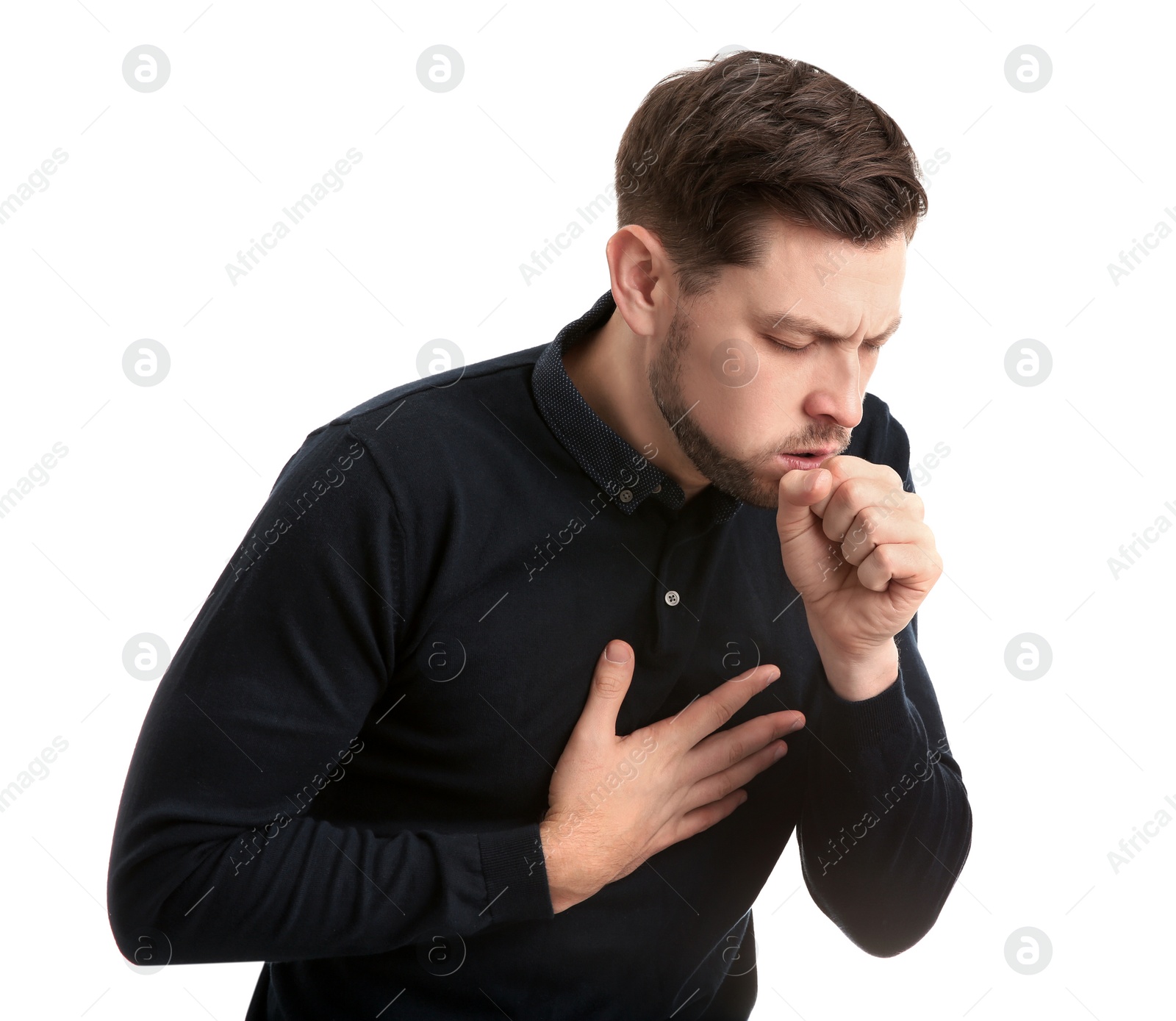 Photo of Man suffering from cough isolated on white