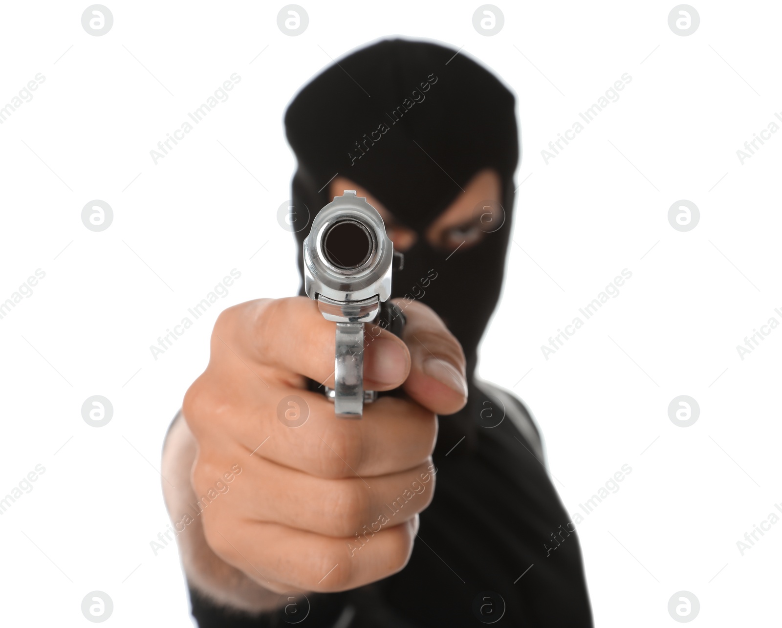 Photo of Professional killer with gun on white background