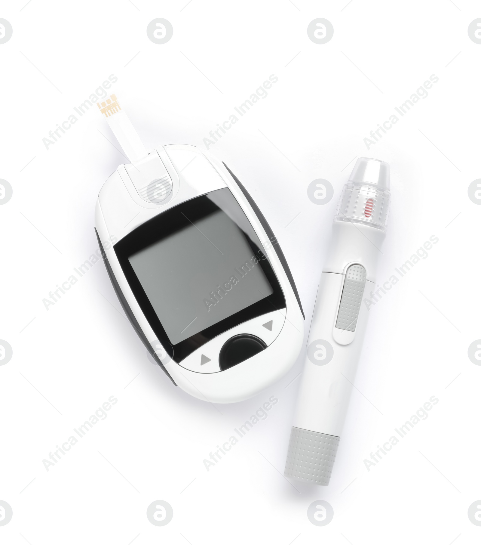 Photo of Modern glucometer with test strip and lancet pen on white background, top view