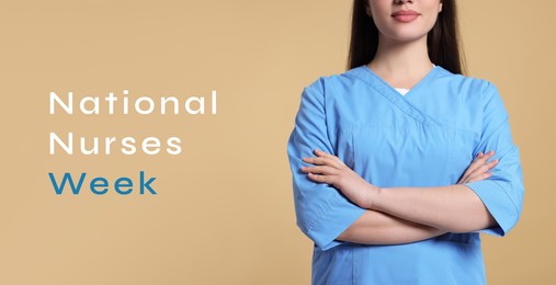 Image of National Nurses Week. Nurse in medical uniform on beige background, banner design